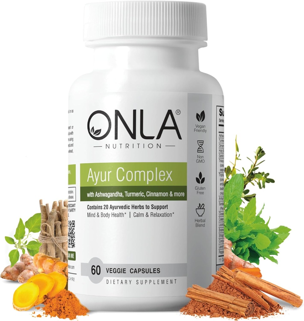ONLA Vegan Ayurveda Herbal Suplemen (20-in- 1 Herbal Kapsul) - Suplemen Turmeric dengan Ashwagandha, Cinnamon, Triphala, Brahmi - Ingreasi Alam, Suplemen Energi Herbal (60 Cap)