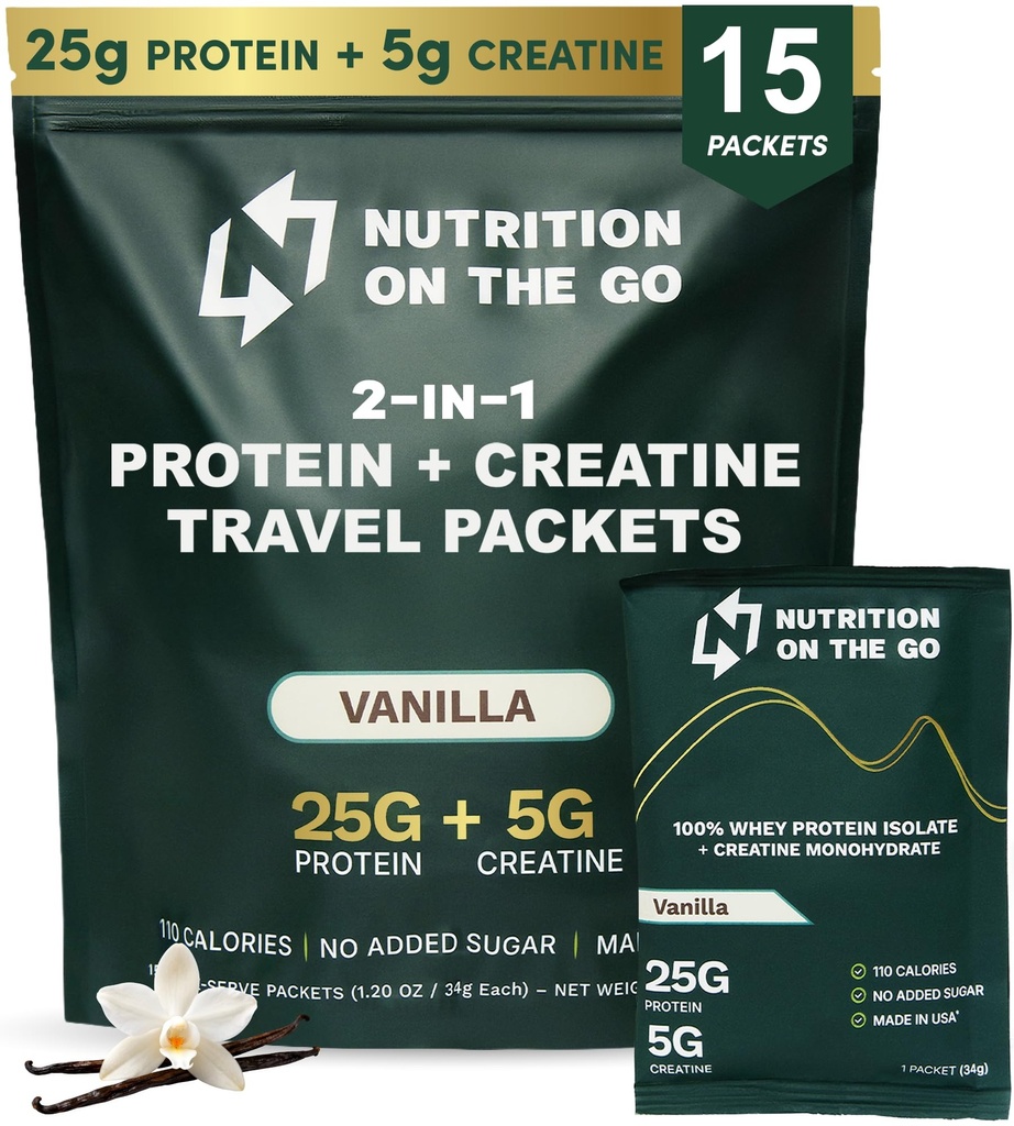 Nutrition On The Go Whey Protein Isolat Paket dengan Creatine - 25g Protein + 5g Creatine - Single - Serve Travel Protein Powin - Vanilla (15- Pack)
