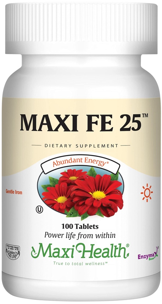 Maxi Health Iron Supplement for Women & Men - Gentle Iron 25 mg for The Stomach - Non Constipating * Pills - Kosher - Non GMO - Vegetarian (100 Tablet)