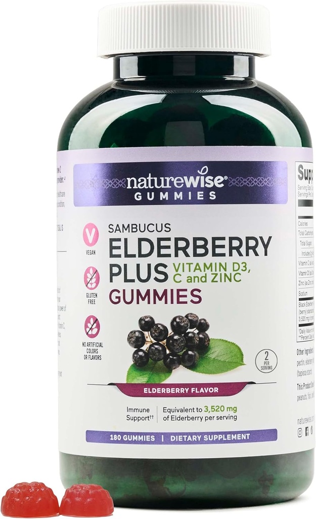 NaturreWise Sambucus Elderberry Gummies - Imune Dukungan Tambahan untuk Anak Umur 4 + & Dewasa - 180 Cacah [Tambahan 90- Hari]
