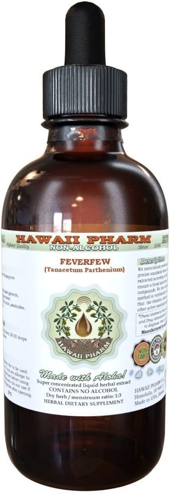 Feverfew Alcohol- Free Liquid Extract, Organic Feverfew (Tanacetum parthenium) Dry Herb Glycerite Hawaii Pharm Natural Herbal Supplemen 4 oz
