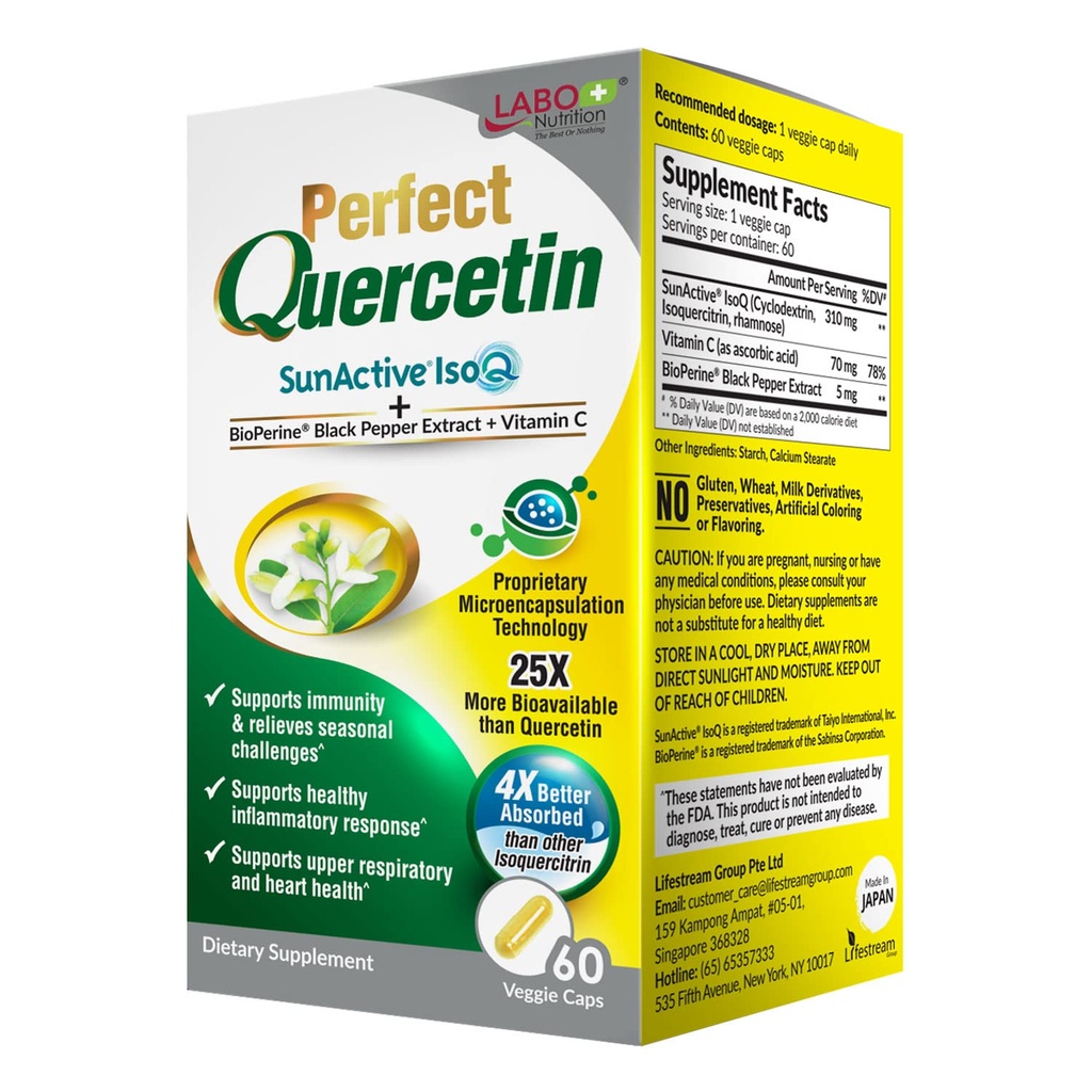 Nutrition Perfect Quercetin Sunactive IsoQ Bioflavonoid, Vitamin C, 25x More Bioavailable, for Imune, Allergy, Sinus Relief, and Cardiovascular Support - Healthy Inflammation Respse - 60s