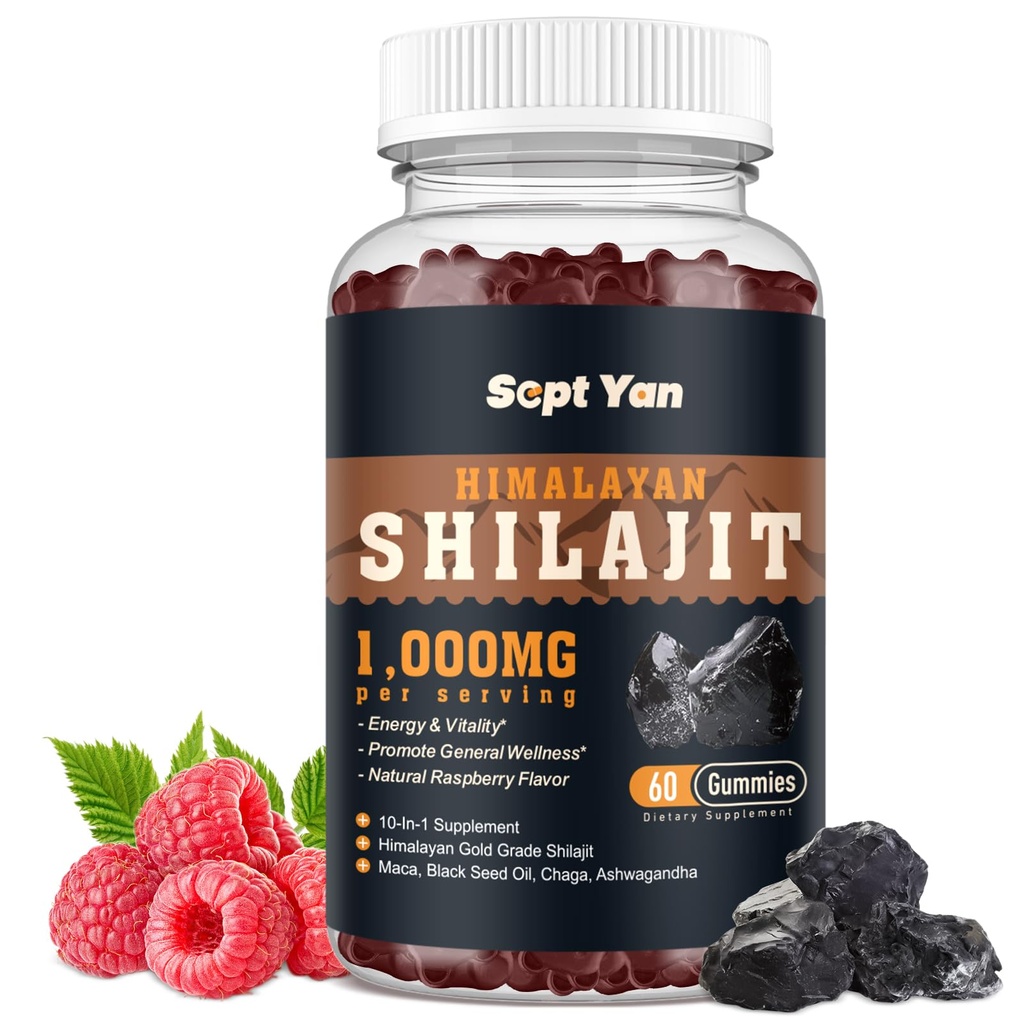 Shilajit Gummies 1000mg - Shilajit Pure Himalaya Organik untuk Pria & Perempuan 85 + Trace Minelajit Shilajit Resin dengan Ashwagandha, Maca, Black Seed Oil - Energi, Otak, Kepemilikan, Gula Free Raspberry 60