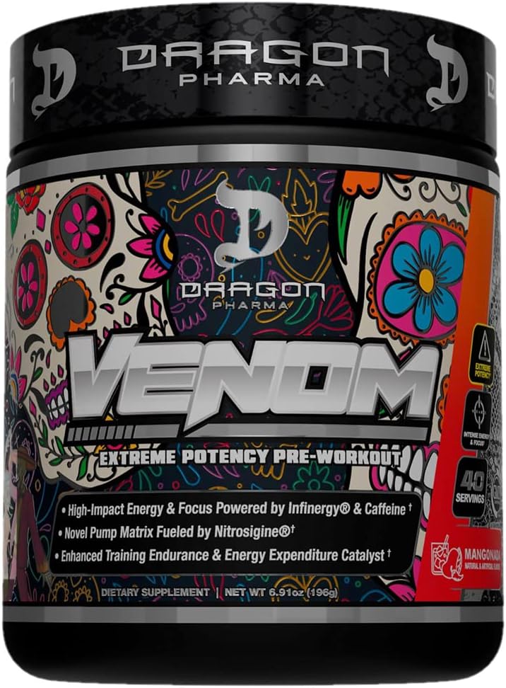 DRAGON PHARMA Venom Extreme Potency Predout, Laser Sharp Focus + Energy, Informance Ingreations Inhanced for Enhanced Vasodilation & Endurance (40 Servings, Mangonada)