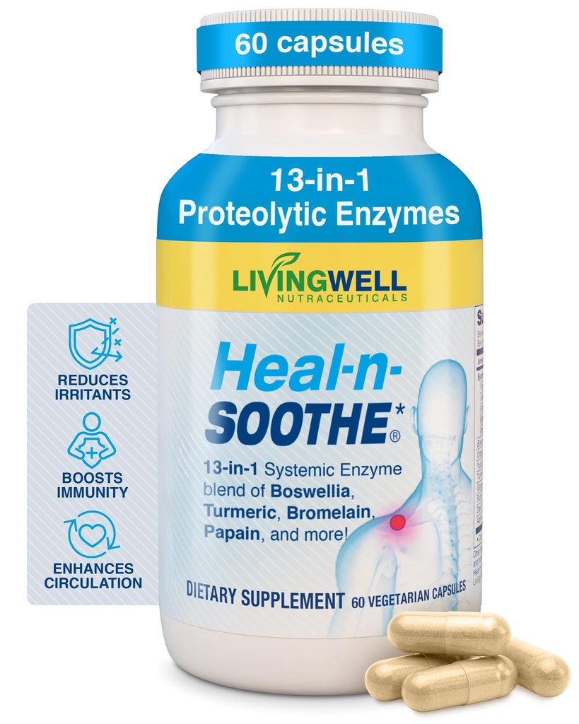 Suplemen Dukungan Bersama HEAL- NSOOTHE - Protolytic Enzymes seperti Bromelain & Papain, dengan Boswelllia, Turmeric & Ginger- Promodes Protein Fungsi Digetical & Body Defense - 60 Count (1 Pack)