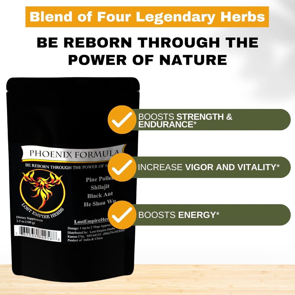 Phoenix Reperemenation Formula-Herbs Energi Kekaisaran Lost Blend of 4 Top Natural Health Herbs Pine Pollen, He Shou Wu, Ant, and Shilajit (100 g Powder)