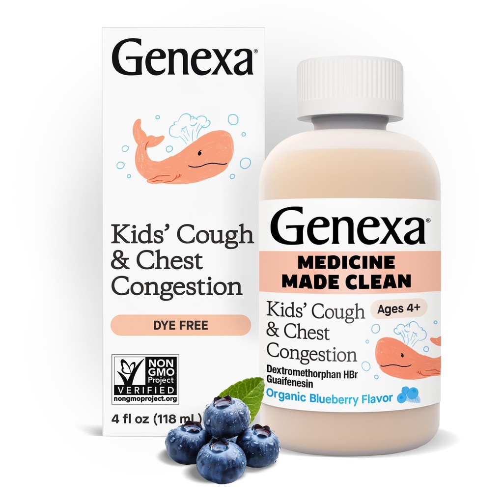 Genexa Kids 'Clean Cough & Chest Contraffic Medicine, Dye Free, 0% Artificial Addicitives, Multiptom Cough Syrough for Children 4-11, Cough Suppresant & Expectorant, Organik Blueberry Flavor, 4 fL oz