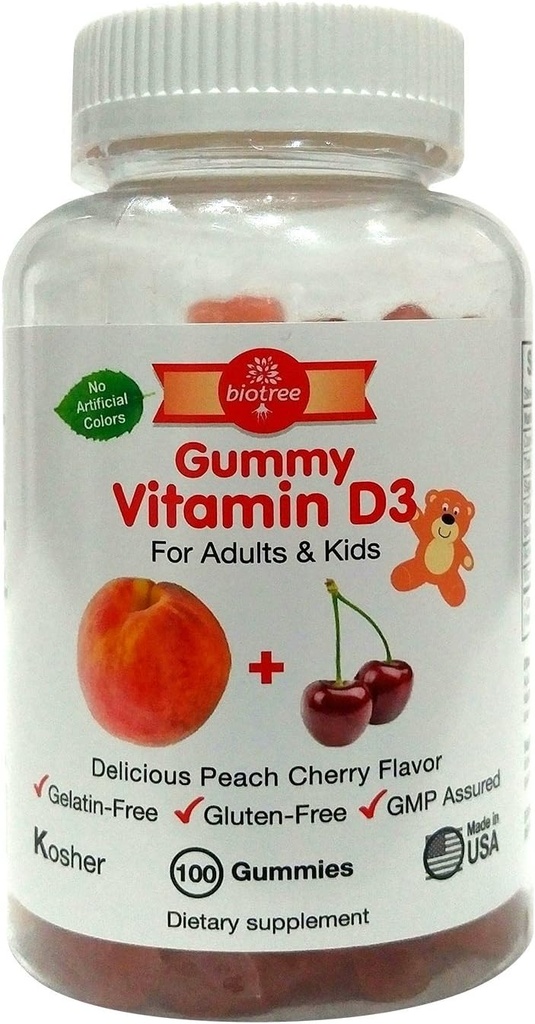 BioTree Labs Vitamin D Gummy Bears - Sebungkus 100, untuk Orang Dewasa & Anak-anak 124; Peach & Cherry Flavored Chewable Vitamin D3; Great for Heally Bones, Teeth, Immune System, Brain and Gugup System
