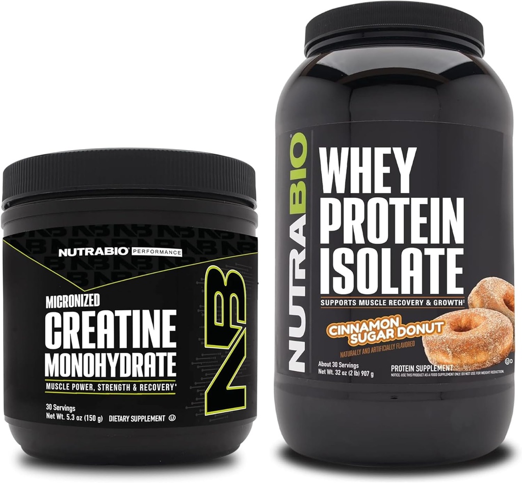 NutraBio Creatine Monohydrate, Unfeatored, 150g and Whey Protein Issolate, Cinnamon Sugar Donut, Supplemen Bundle - Energi Otot, Lean Muscle Growth, Pemulihan, dan Kekuatan