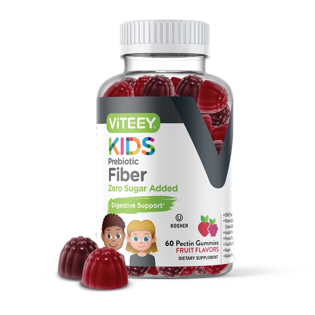 Viteey Prebiotic Kids Fiber for Constipation Relief, Digetical Health Regularitas Dukungan Berat Alam - Fiber 4g, Zero Sugar Added, Vegan, Gluty Free - Tasty Chewable Fruble Flavored Gummy