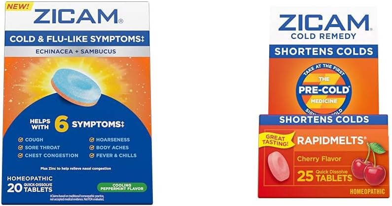 Zicam Cold & Flu Symptoms 20 Tablet Cold Remedy Zinc Rapidmelite 25 Count Homeopathic Cold Shortening Bundles