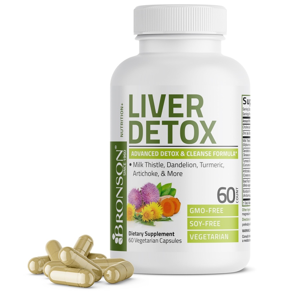 Bronson Liver Detox Advanced Detox & Cleansing Formula Supports Health Liver Fungsi dengan Milk Thistle, Dandelion Extract, Turmeric, Artichoke Leaf & More, Non-GMO, 60 Vegetarian Capsules