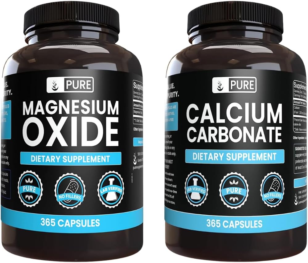 Murni Ingrediens asli Kalsium Karbonate dan Magnesium Oxide Bundle, 365 Capsules Masing-masing, Tidak ada Pembakar, Alwasy Pure