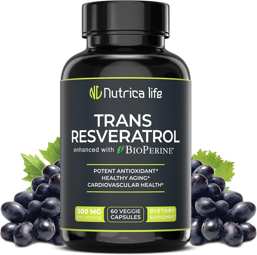 Trans Resveratrol Supplemen 500mg Aging Formula Mula, Antioksidan Kuat untuk Kesehatan Hati & Cellular, Suplemen Brain Booster dengan Bioperine, 60 Vegan Caps