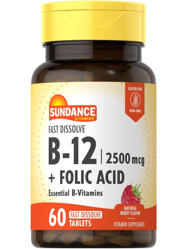 Sundance Fast Dissolve Vitamin B-12 = 124; dengan Folic Acid 124; 2500mcg 124; 60 Count 124; Natural Berry Flavor 124; Vegetarian, Non-GMO, dan Gluten Free Suplemen
