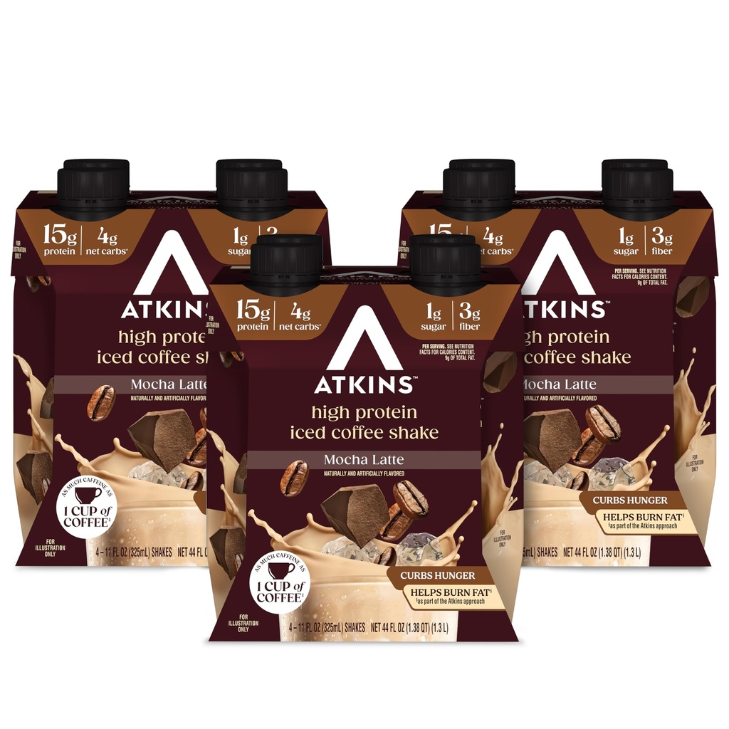 Atkins Mocha Latte Iced Coffee Flavored Protein Shake, High Protein, Low Glycemic, Low Carb dan Low Sugar Shakes, Keto- Friendly, 12 Pack