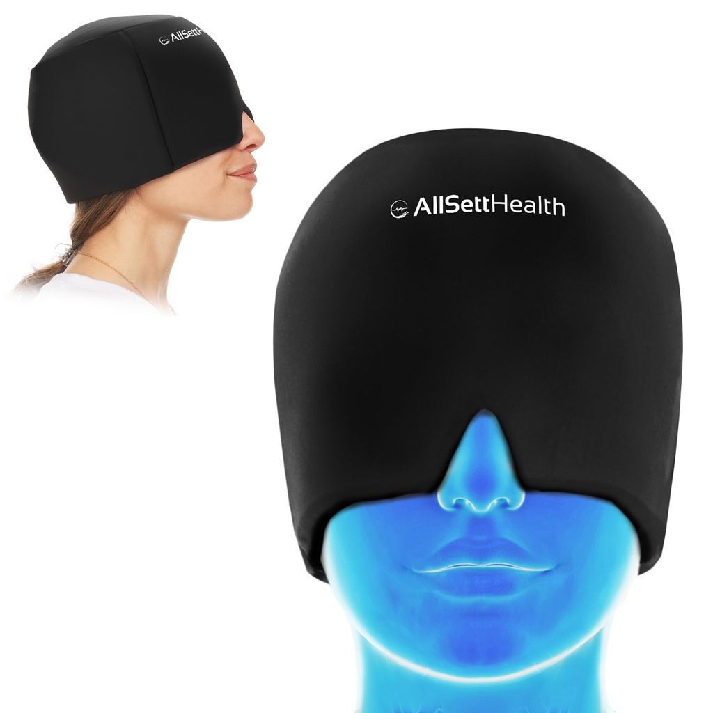 Migraine Relief Cap Ice Head Crap and Hat 124; Hot / Cold Gel Pack with Face and Eye Mask Compress for Headache Relief - Black