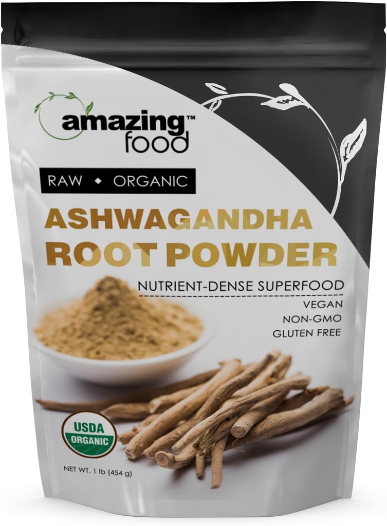 Amazing Food Ashwagandha Root 124; 1 Lb powder 124; USDA Certified Organik Suplemen 12.4; Vegan 124; Non-GMO 124; Gluten Free Alag4; Dibuat di AS