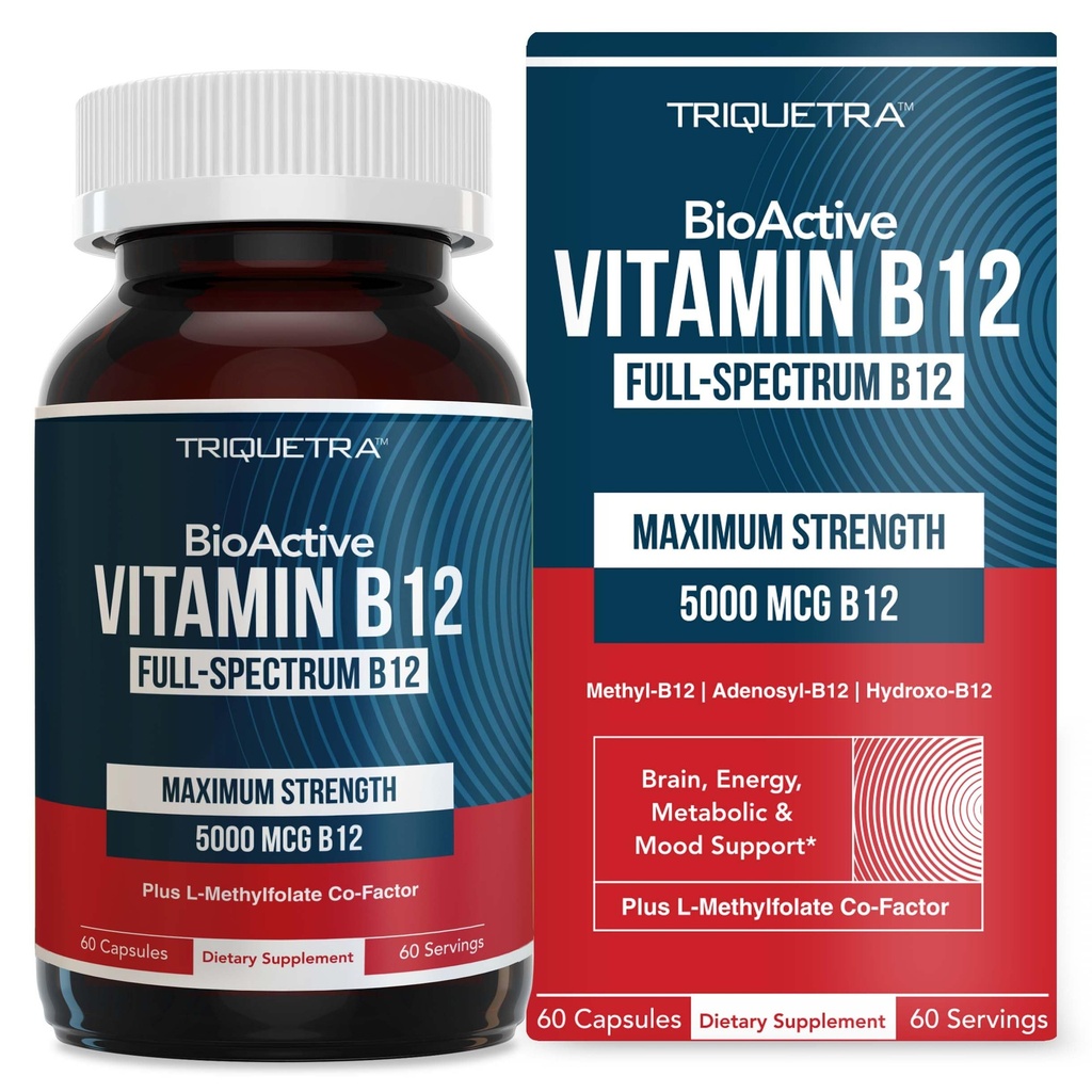BioActive Vitamin B12 - 5000 mcg, Berisi 3 Bentuk BioAktif B12 Plus Methylfolate Cofactor - Methyl B12, Adenobyl B12 & Hydroxy B12; Mendukung Energi, Metabolisme & Mood 124; Vegan, Non-GMO (60 Servings)