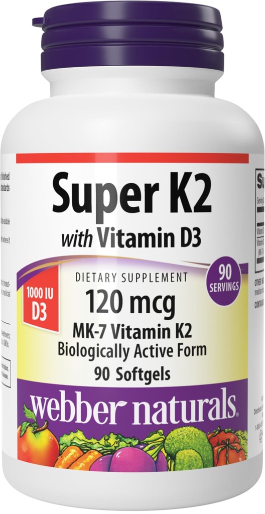 Webber Super Vitamin K2 MK-7 120 mcg dengan Vitamin D3, 90 Softgels, Tambahan Bones, Teeth, dan Sistem Kardiovaskular
