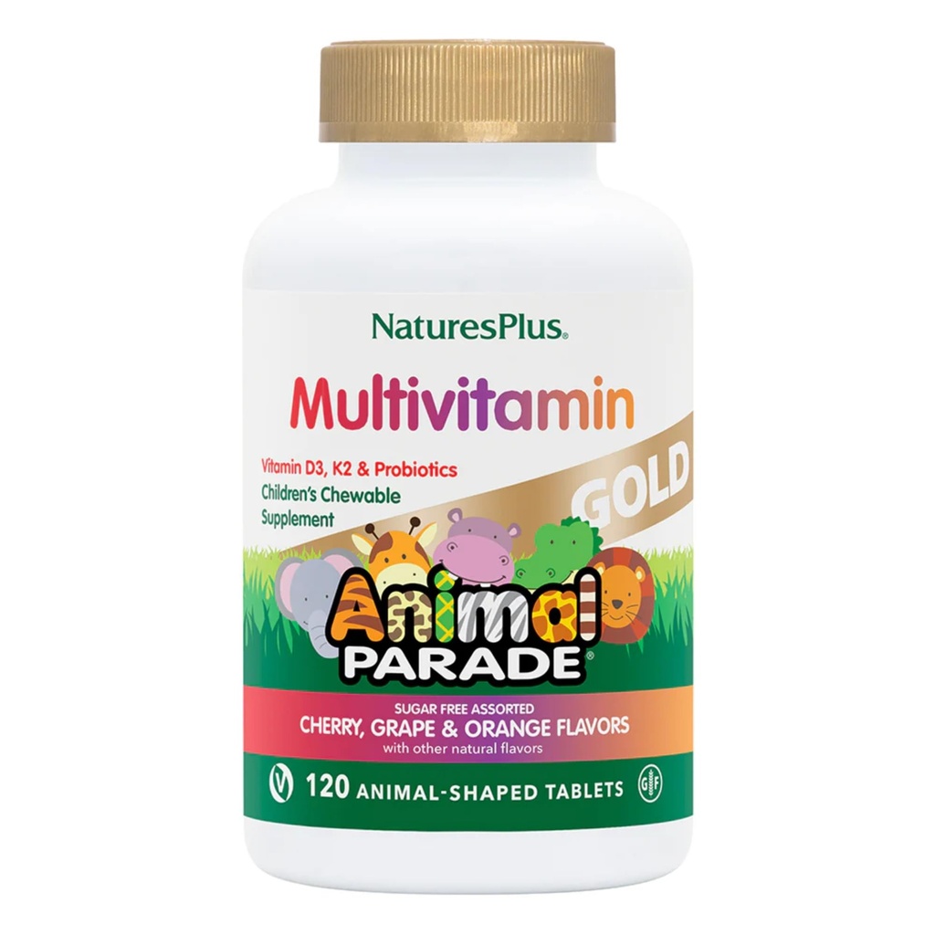 Natuture Plus Animal Parade Gold Children 's Multivitamin - 120 Animal- Table Chewable - Didukung Cherry, Orange & Grape Flavors - Vegan, Gluten Free - 60 Total Pelayan