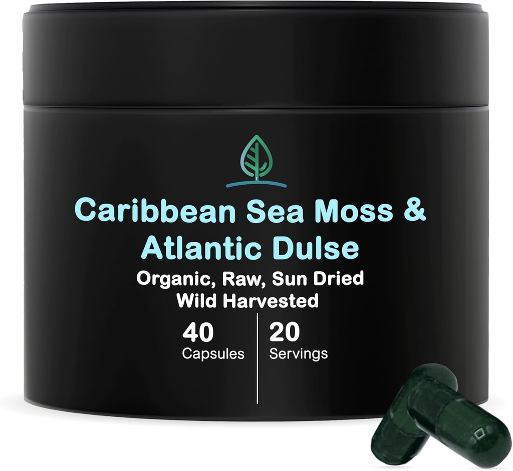 Holistic Bin Organic Sea Moss capsules 100% Pure Caribbean Sea Moss + Dulse Seaweed 124; Wild Harowed 124; No Fillers 124; Rich in Antioksidants, Minedin, dan Iodin (40 Capsules)