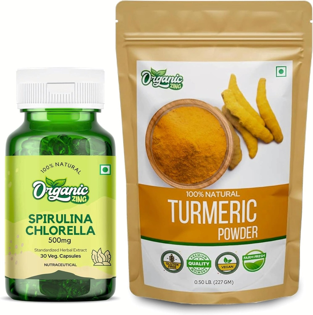 Organik ZING Spirulina Chlorella- 30Cap & Turmeric Powder - 227g