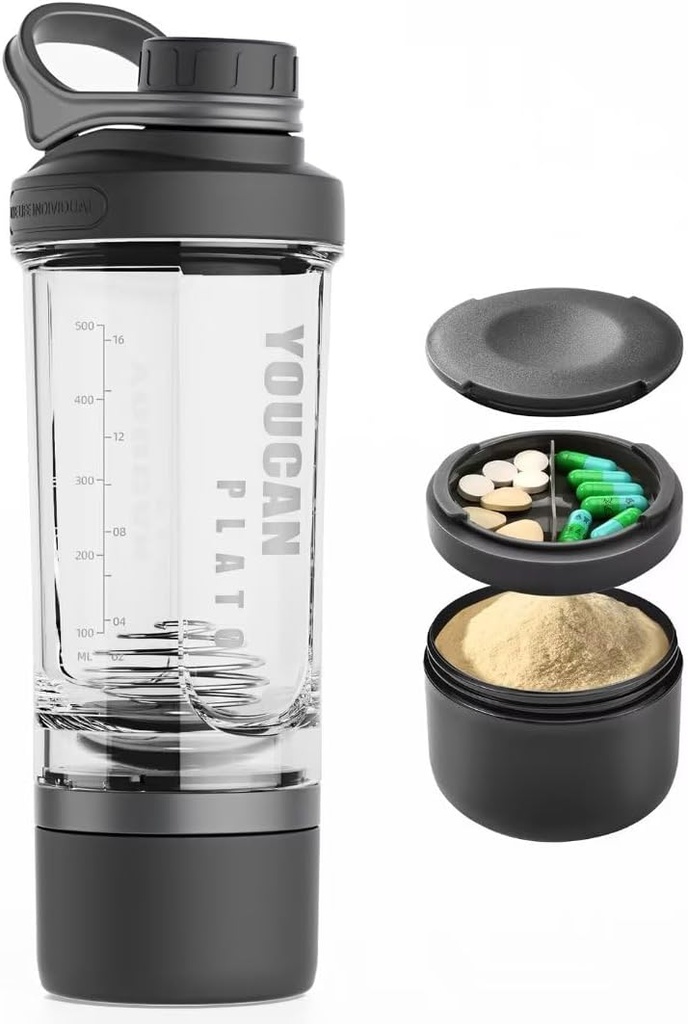 21oz Protein Shake Bottle dengan Tabung Powder Kontainer-Shaker Cups untuk Protein Shakes- pra latihan bottles Mixer Cup-Gym Sport Water Bottle-Made dengan Tritan BPA Free, dengan Wire Whilk Balls (Hitam)