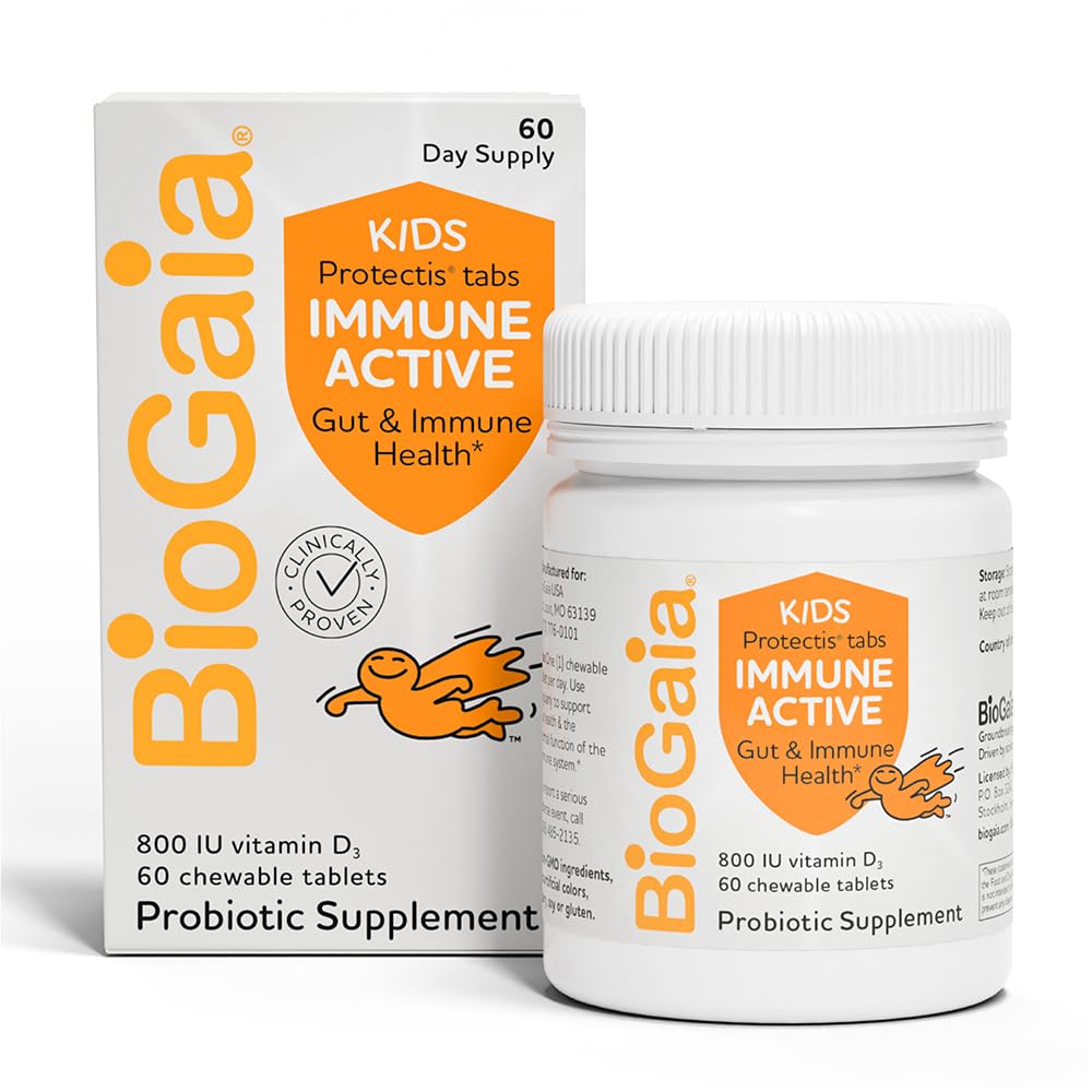 Anak-anak Aktif BioGaia 124; Probiotic + Vitamin D 124; untuk Digetical & Imune Health 124; Ages 3 + Allergen, Dairy, Soy & Gluten Free 124; Trusted by Pediatrician 124; 60 Day Supply 124; Orange Flavored Chewable
