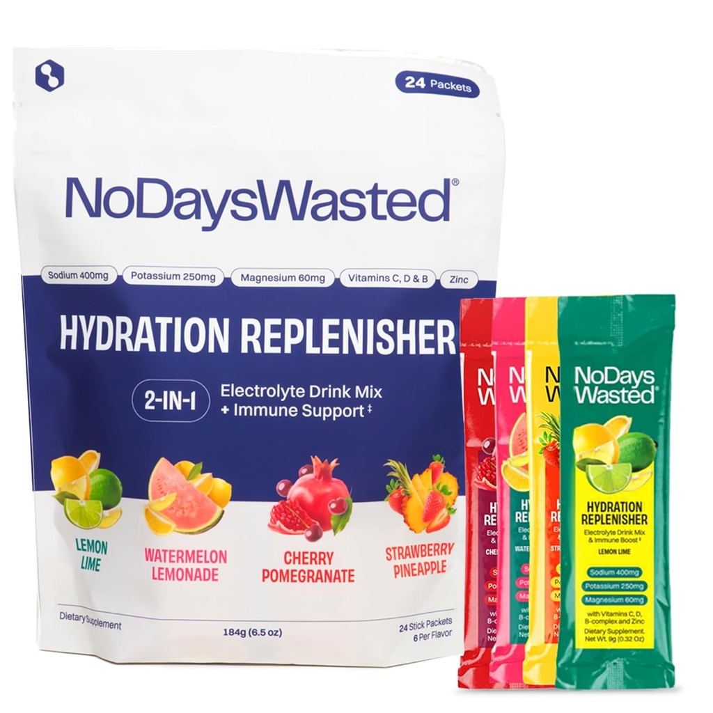Tidak ada hari-hari Mencuci Hidration Replenisher Electrolyte Replacement Stick Packet 124; Estial Rapid Hydration & Vitamin 124; Sodium, Potasium, Magnesium, Vitamin B, C, D, Zinc 124; 4 Flavor Variety Pack