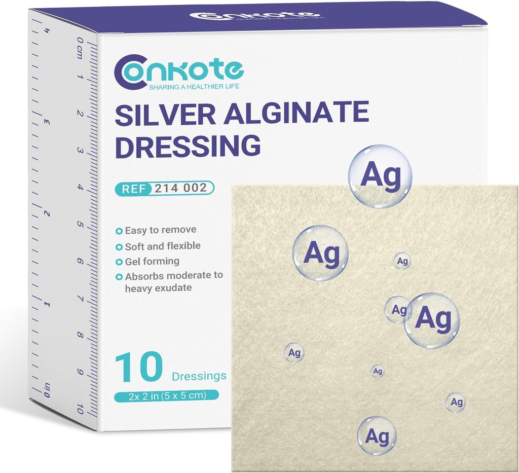 Conkote Silver Alginate Wound Dressing Pads 2 "x 2", 10 Pack, Non-Stick Padding Ag Patches, Sangat Absorbend for Pressure Ulcer, Bed Sore and Diabetic Foot Ulcer