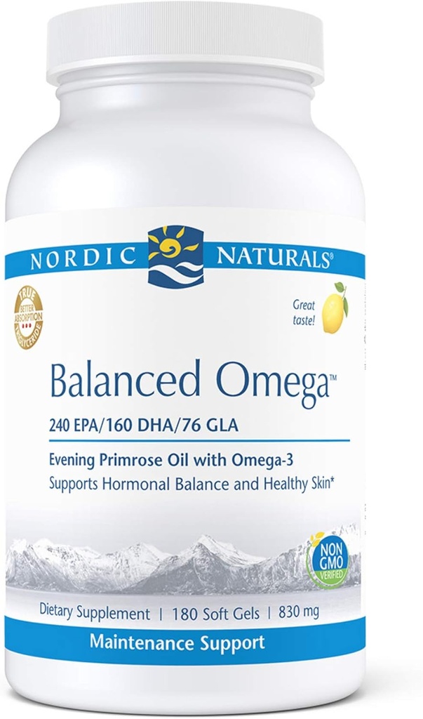 Nordic Companals Pro Balanced Omega - Fish Oil and Evening Primrose Oil, 240 mg EPA, 160 mg DHA, 76 mg GLA, Support Hormonal Balance and Heally Skin *, 180 Soft Gels