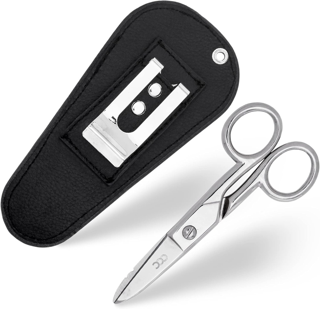 Multi Purpose Electrician Gunser With Leather Carrying Pock - Heavy Duty Sainless Steel Electrical Shears With Stripping Notches, File & Scraper - Our Snips Are For Right & Left Handed Use - Black