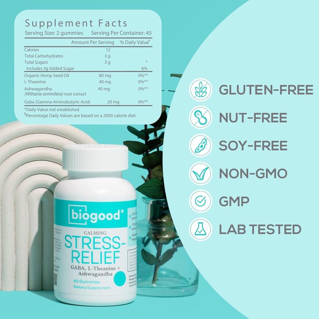 Stress-Relief dengan Ashwagandha + L-Theanine, GABA 124; Harian Dose, 60 Gummies