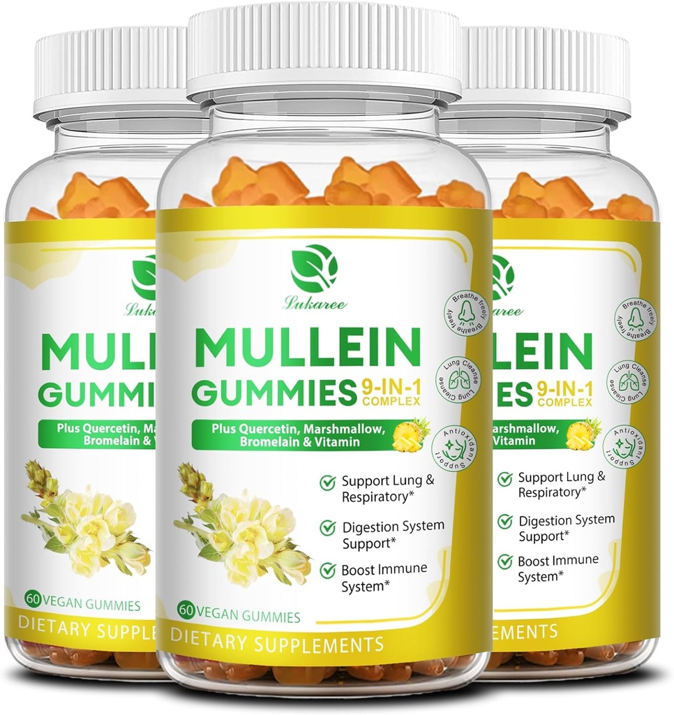 (3 Pack) 9 dalam 1 Mumlein gummies untuk Lung Cleanse & Detox, Ekstra Kekuatan Mullein Ekstrate w / Quercetin, Bromelain, Elderberry & Marshmallow untuk Repiratory, Imune & Digetical, Vegan, 180 Count