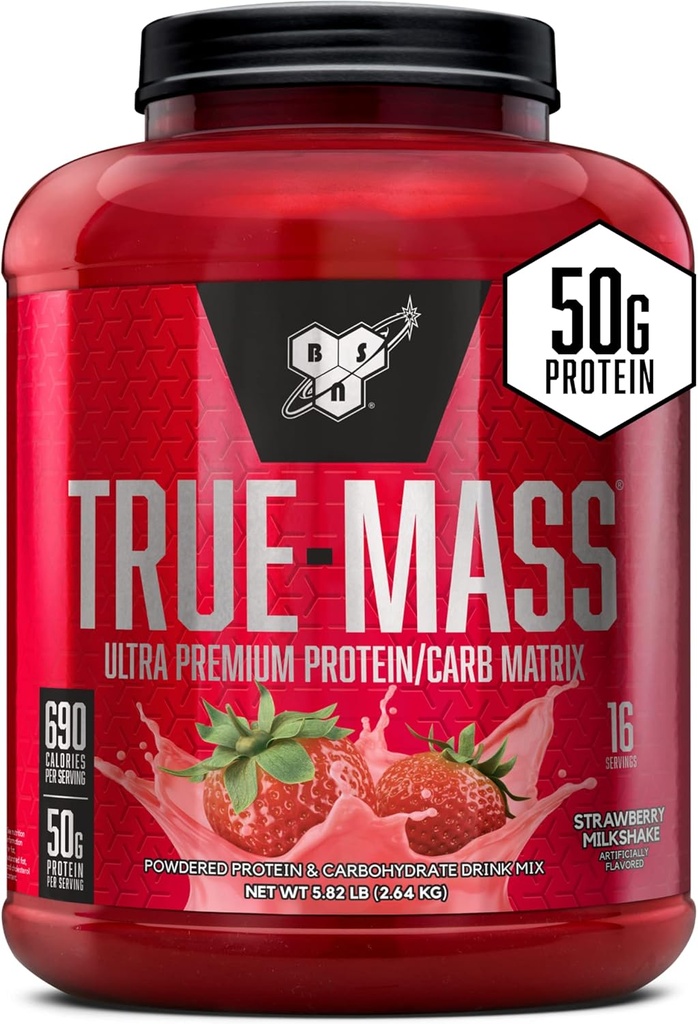 BSN TRUE- MASS Weight Gainer, Muscle Mass Gainer Powder, Strawberry Milkshake, 5.82 Pound