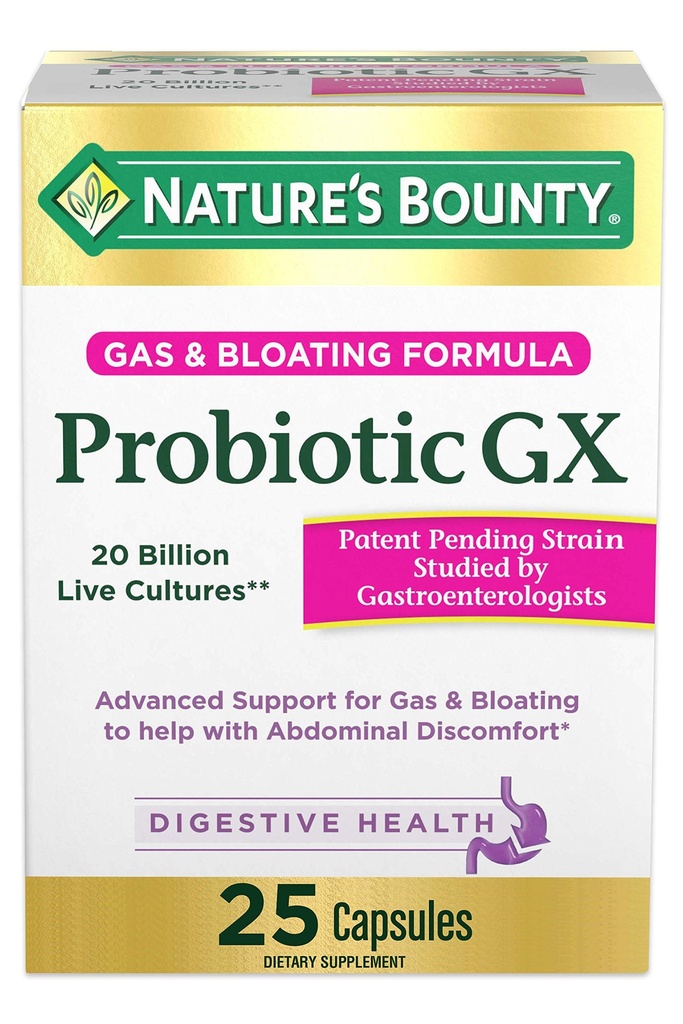 GX Probiotik Nature 's Bounty, Membantu dengan Gas Occasional dan Bloating, Tambahan Diet, Kesehatan Digetical, 25 Kapsul