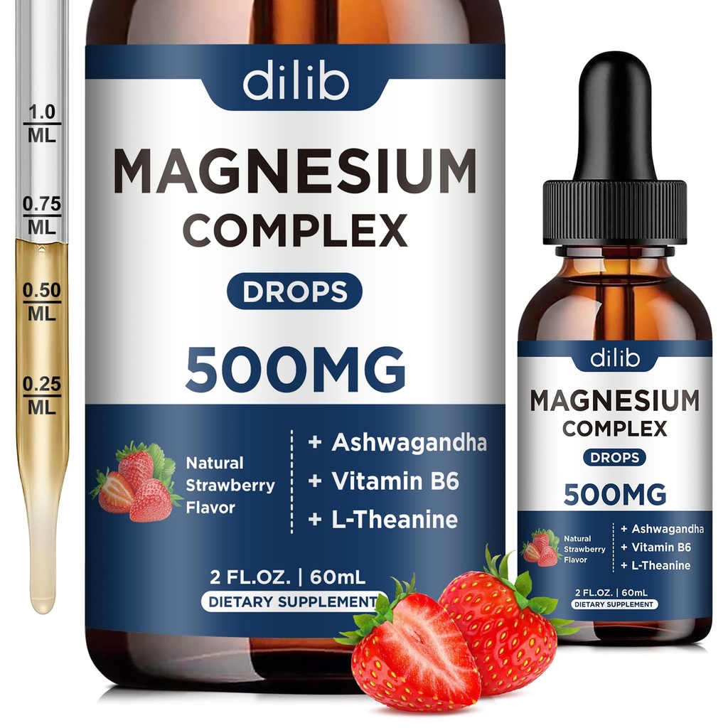 Triple Magnesium Complements - Magnesium Glycinate, Citrate, Malate Liquid Drops 500mg with Ashwagandha, L- Theanine, Vitamin B6 for Stress Relief, Sletter, Muscle Flavor