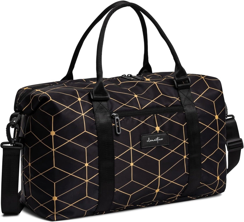 Clementine Tote Bag 126; Weekerender Bags for Women 124; Perfect duffle Bag for Overnight, Traveling, and Gym 126, Black / Gold Geometric