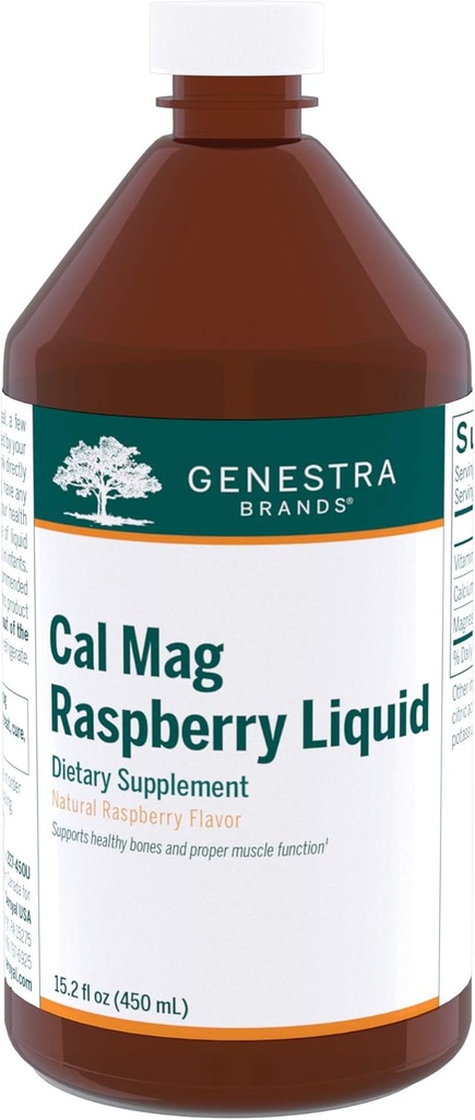Genestra Brands Cal Mag Raspberry Liquid 12.4; Calcium dan Magnesium Citrate Formula dengan Vitamin D 124; 15.2 FM.