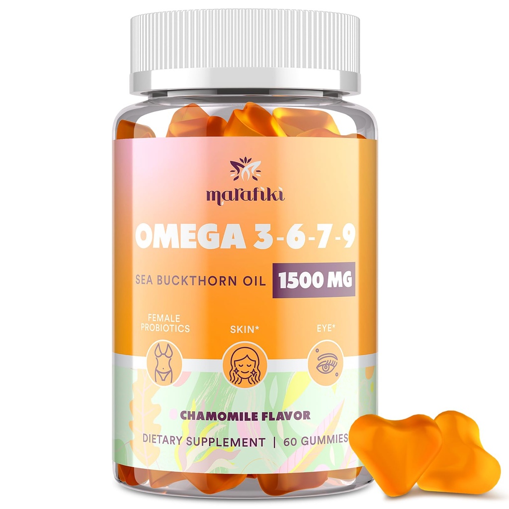 Omega 3 6 7 9 Gummies for Women - Omega 3 Suplemen dengan Sea Buckthorn Oil, Flaxseed Oil, Vitamin E, A & Propine- Skin, Eye & Dryness, Chamomile Flavor - 60 Gummies