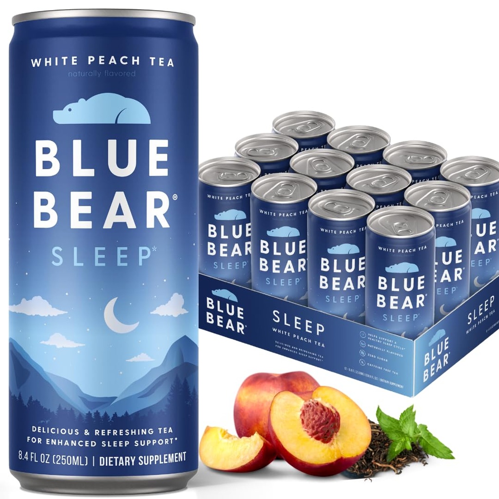 Blue Bear Melonain Sleep Drink, Sleep Tea for Bedtime Dupport, White Peach Tea with Meltonin (5mg), Lavender, Ashwagandha, Chamomile, GABA, L- Theanine, Caffein - Free, Zero Sugar, 8.4 Fl Oz 12- Pack