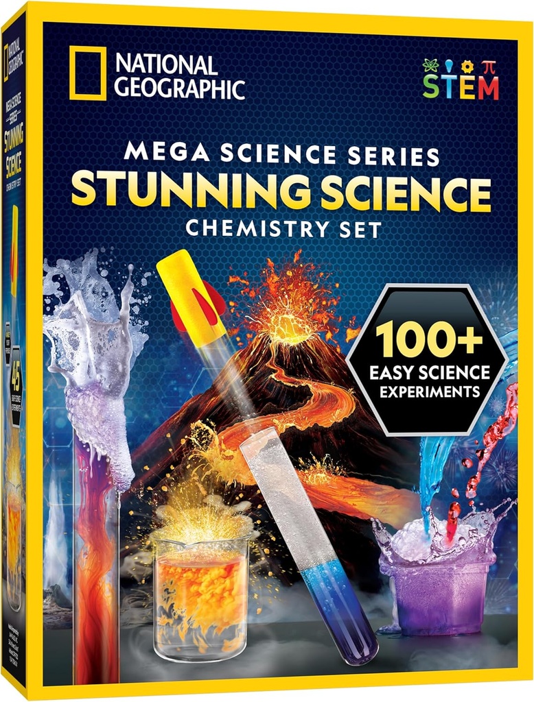 National Geographic Strunning Chemistry Set - Mega Science Kit with 45 Easy Experiments - Make a Volcano and Peluncuran Rocket, STEM Projects for Kid Ages 8-12, Science Toys (Exclusive)