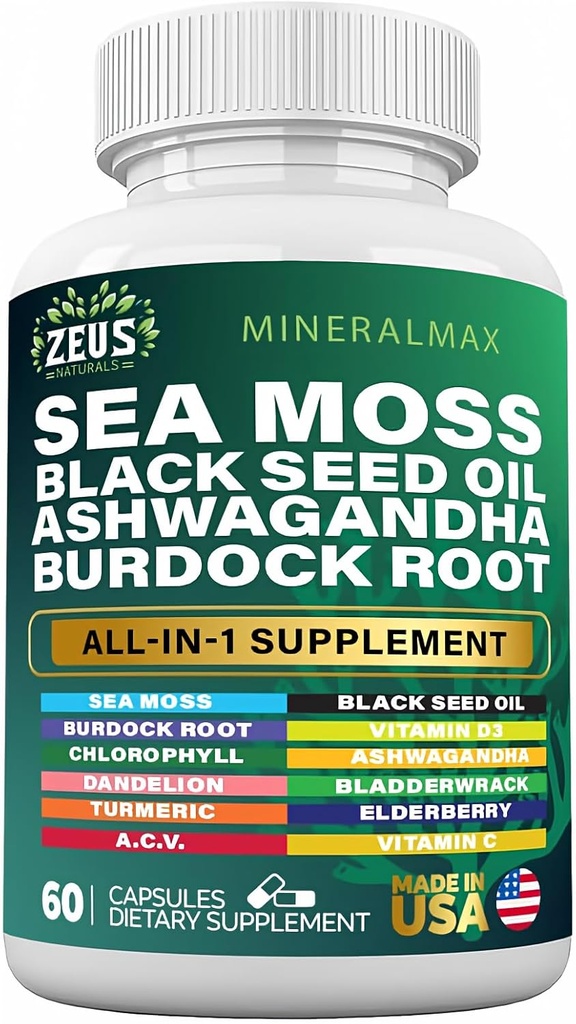 Sea Moss 3000mg Black Seed Oil 2000mg Burdock Root 10000mg Bladderwrack 10000mg Turmeric 100mg Ashwagandha - Elderberry, VIT C, D3, Manuka, ACV (60 Count)