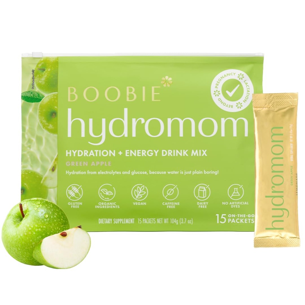 Boobie Hydromom Superfood Electrolite Drink Mix, Green Apple 124; Refreshing Energy & Hydration Boost for Mamas 124; OnTheGo & Travel Esensials for Pregnancy, Lactation, & Beyond, 15 Packet