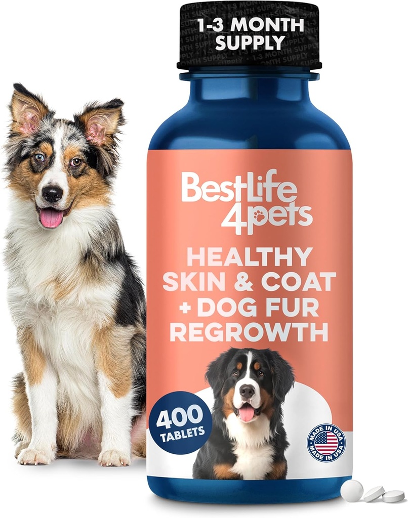 Suplemen Natural Skin & Coat for Dogs, Large and Small, Dog Anti Itch Relief untuk Dry Skin, Rash, Allergy atau Irritation, Reduces Shedding, Dandruff dan Pertumbuhan Rambut Anjing, 400 Pil Kecil