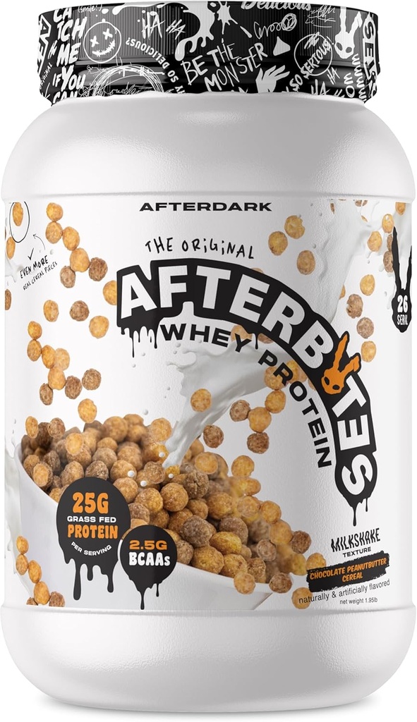 AFTERDARK AfterBites Whey Protein Powder, 25g Protein, 4.5g BCAA 's, Easy Dissolving, Tidak ada Warna Articial atau Penjual, Isolate Protein, USA Membuat, 26 Servings, Coklat Peanut Butter Cereal