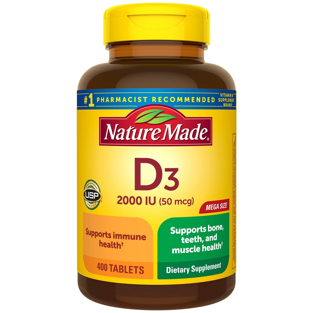 Nature Made Vitamin D3 2000 IU (50 mcg), Vitamin D Suppply untuk Bone, Teeth, Muscle and Immune Health Support, 400 Tablet, 400 Hari Suppply