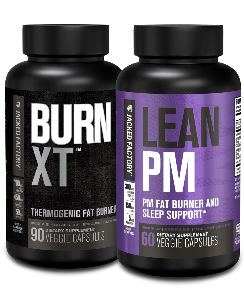 Jacked Factory Burns XT Thermogenic Fat Burner - Appetite Suppresan & Nootropic Energy Booster (90 Capsules) & Lean PM Woss Supplemen, Sleep 124; (60 Capsules)