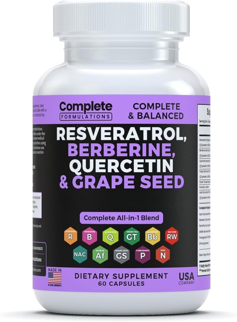 Suplemen Resveratrol dengan Quercetin, Berberine, Ekstrak Benih Grape & Polyphenol Blend for Skin Health, Dukungan & Antioksidant Boost